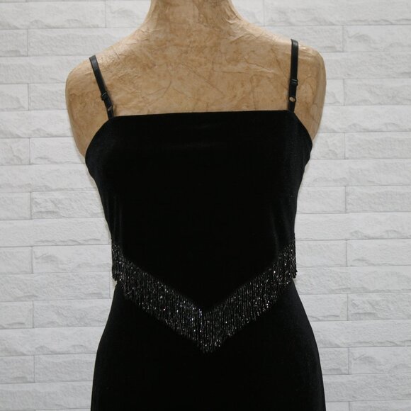 PATRA Dress Velvet Beaded Fringe Mesh Insert Cocktail Party Formal Prom Black 4P - Picture 2 of 14